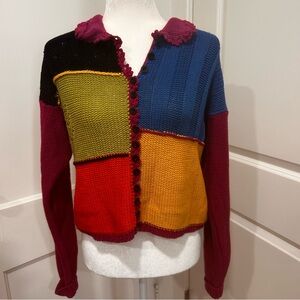 Knitted retro cardigan sweater womens sz med colorblock boho casual cottagecore